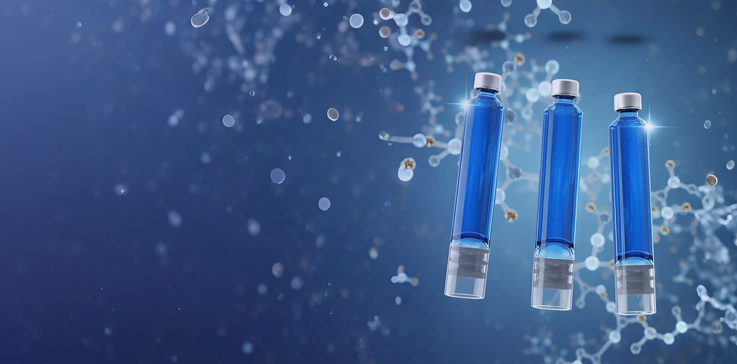 Three vials of bright blue copper solution against a molecular background, representing copper's essential role in activating the lysyl oxidase enzyme for collagen cross-linking.