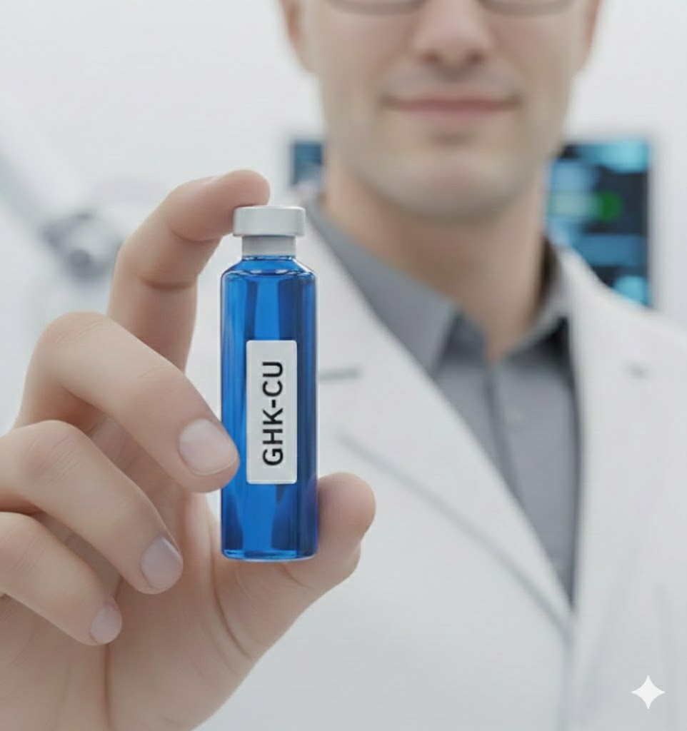 A researcher in a white lab coat holding a vial of blue GHK-CU solution, visually representing the copper peptide sequence used in comparative laboratory studies against AHK-CU for cellular research.