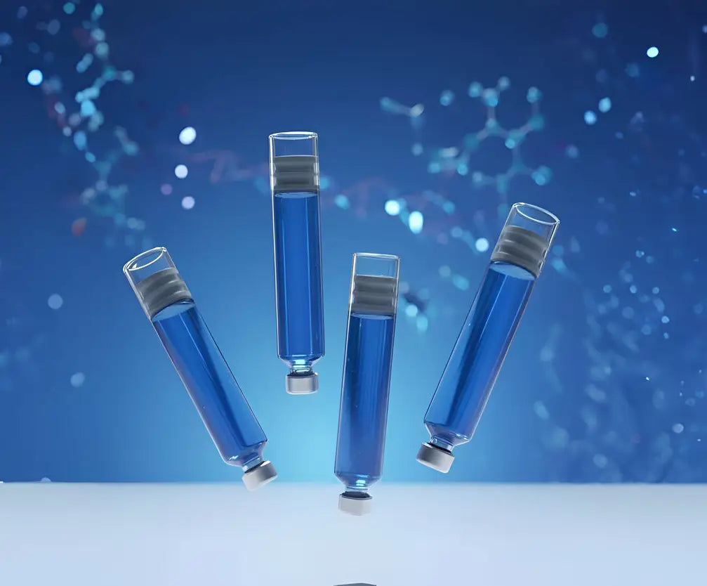 Four laboratory vials containing a bright blue solution suspended against a backdrop of chemical structures, visually representing the molecular biochemistry of the GHK-Cu copper peptide and its role in human physiology.