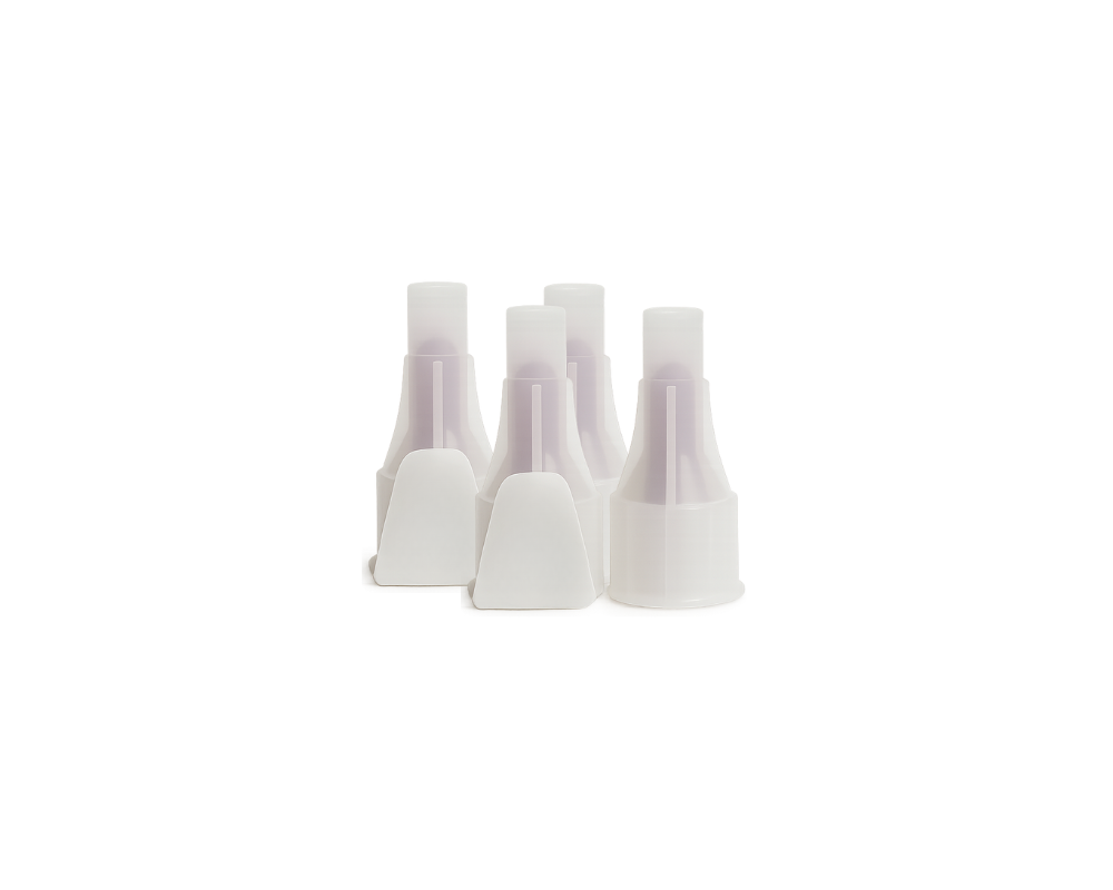 A close-up of white microdot droplet pen needles, showing the sterile caps you need for safe subcutaneous injections.