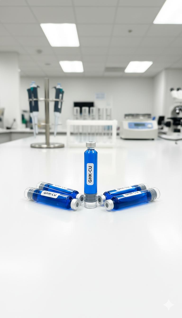 Five laboratory vials containing a bright blue solution, clearly labelled GHK-CU, arranged on a sterile white counter against the blurred backdrop of a modern clinical laboratory, visually representing the high-quality, research-grade copper peptide formulation.