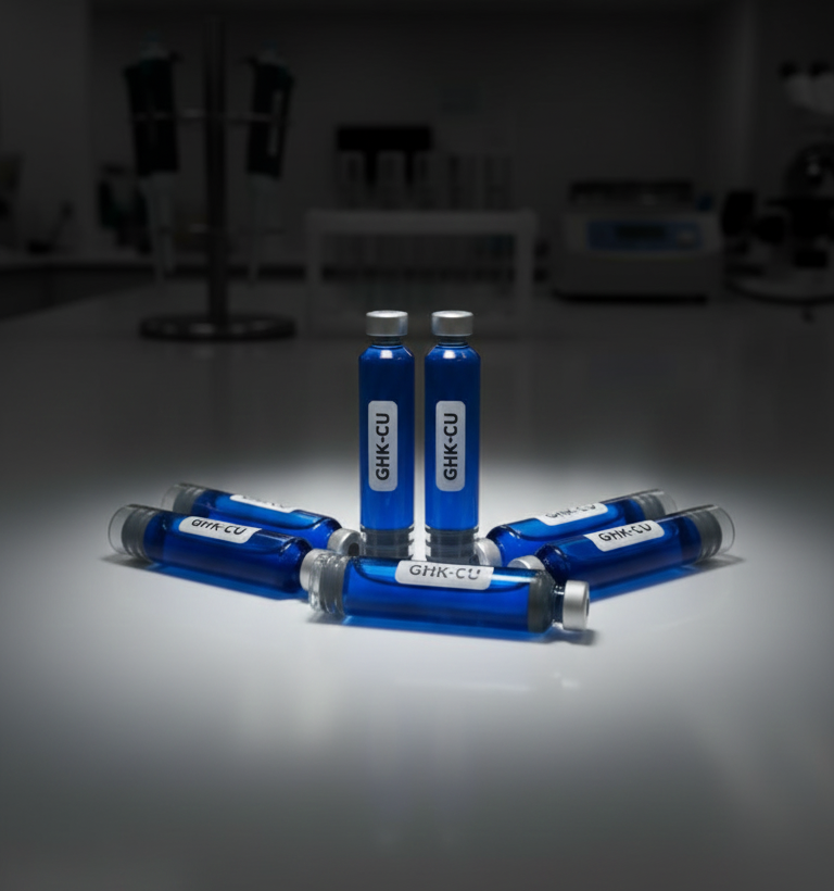 Six laboratory vials containing bright blue GHK-CU solution under a spotlight in a dark clinical setting, representing the copper peptides evaluated in our comparative analysis of laboratory applications.