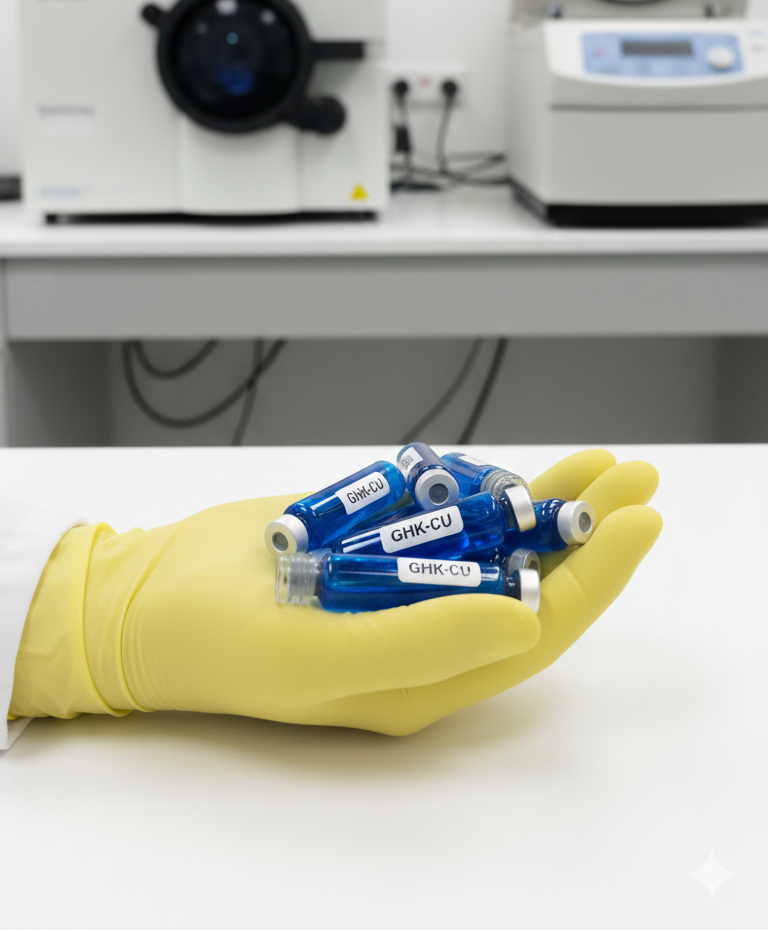 A hand in a yellow latex glove holding several glass vials of blue GHK-CU solution in a laboratory, visually representing the copper peptide compounds used in comparative studies between fibroblast cultures and ex vivo skin explants.