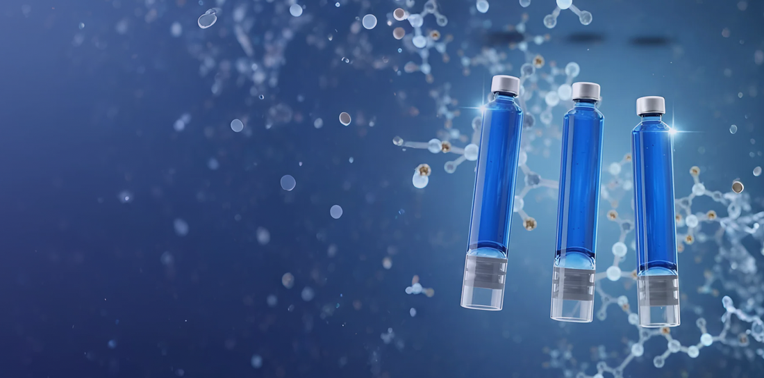 Three vials of bright blue copper solution against a molecular background, representing copper's essential role in activating the lysyl oxidase enzyme for collagen cross-linking.
