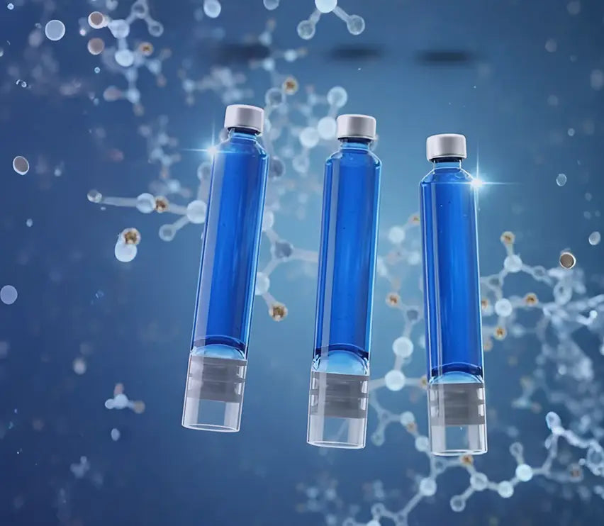 Three vials of bright blue GHK-Cu solution suspended against a 3D molecular background, representing the copper peptide's interaction with genomic expression and stem cell vitality.