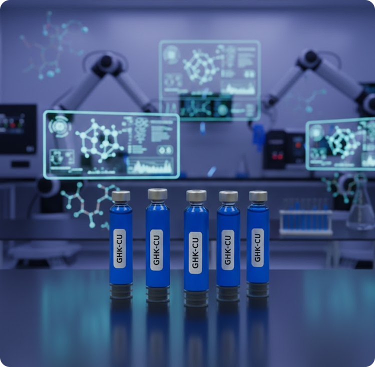 Five vials of blue GHK-CU solution in a high-tech lab with molecular data displays, visually representing the experimental setup for measuring collagen upregulation via hydroxyproline analysis in peptide research.
