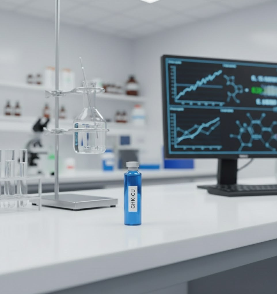 A vial of bright blue GHK-Cu solution on a laboratory bench with analytical data and molecular structures on a monitor, visually representing peptide quantification and assay methods used in clinical GHK-Cu studies.