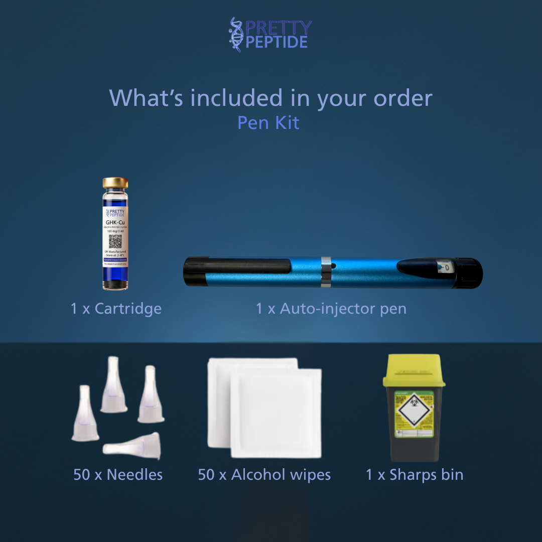 A layout showing your Pretty Peptide GHK-Cu Pen Kit, featuring the auto-injector, cartridge, and safe lab sharps bin.