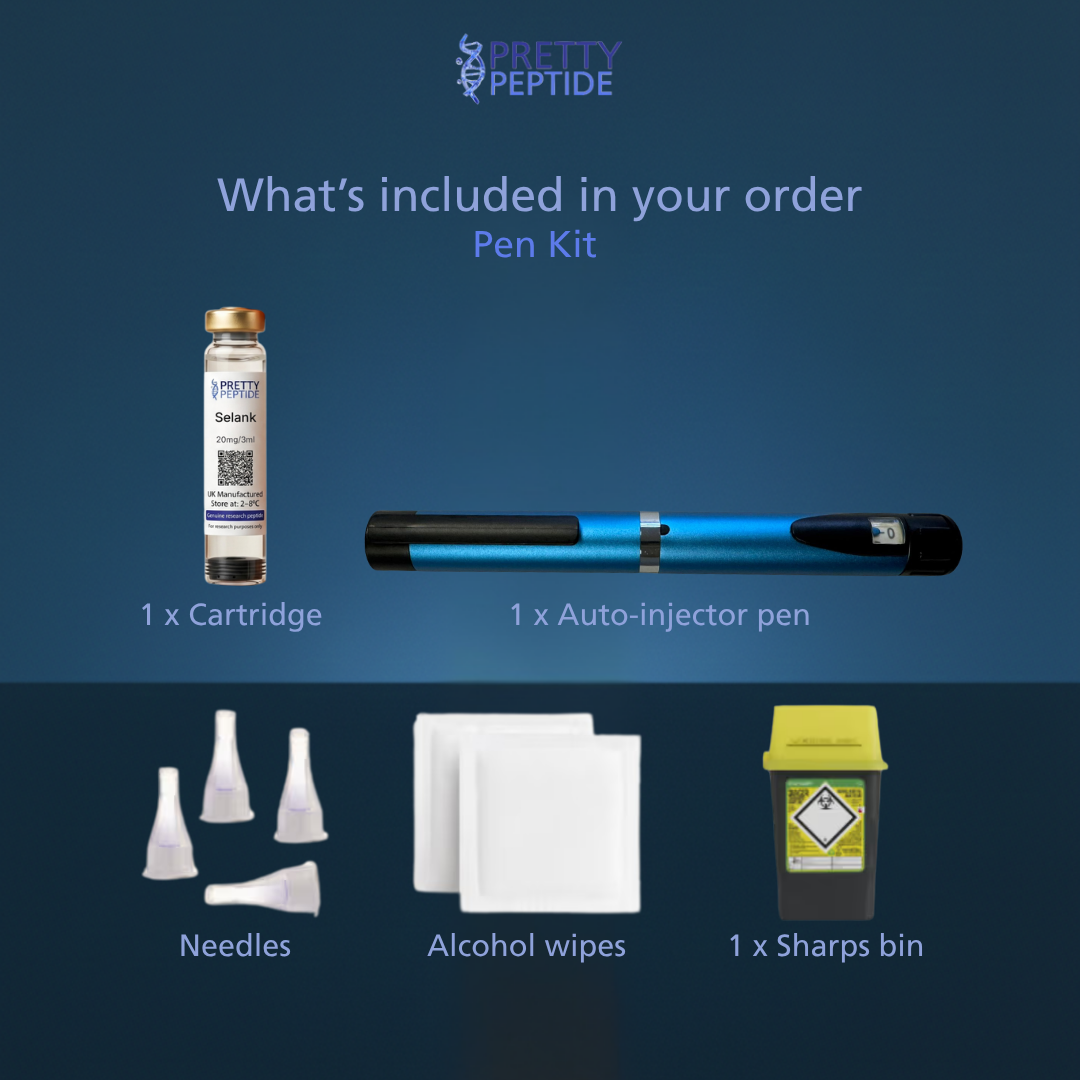 A layout showing your Pretty Peptide Selank Pen Kit, featuring the auto-injector, research cartridge, and lab sharps bin.