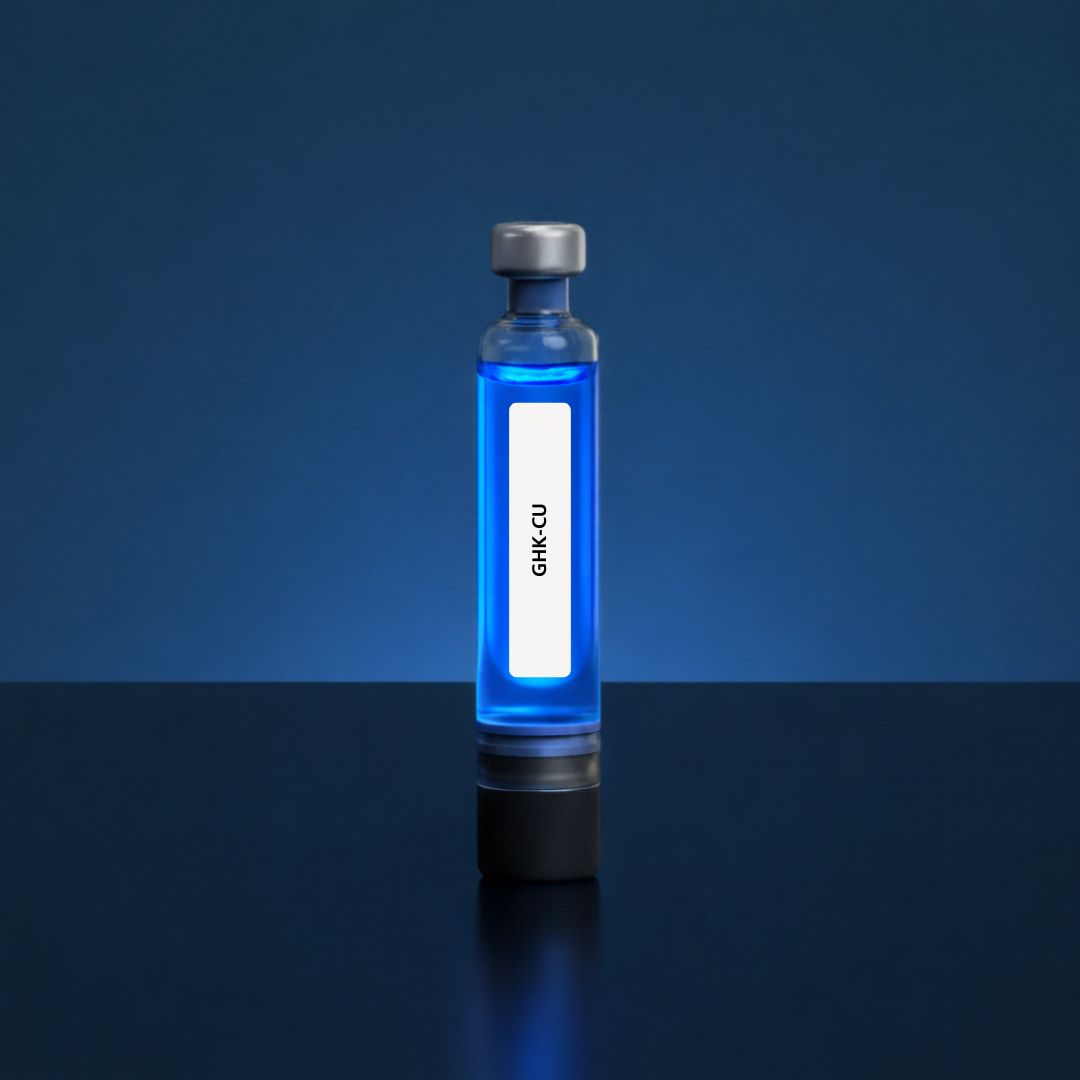 A laboratory vial filled with a bright blue solution and clearly labelled GHK-CU, visually representing the high-quality copper peptide formulation available for biological research and cosmetic applications.