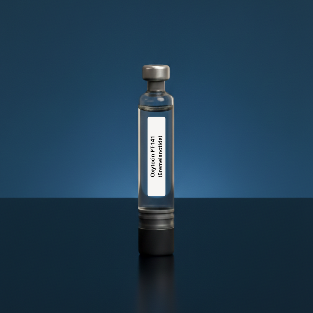 A laboratory vial containing a clear liquid solution and prominently labelled Oxytocin PT-141 (Bremelanotide), visually representing the high-purity synthetic peptide formulation available for clinical research and scientific applications.