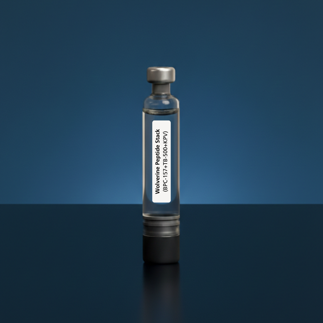 A clear laboratory vial prominently labelled as the Wolverine Peptide Stack, containing a combined formulation of BPC-157, TB500, and KPV, visually representing the high-purity synthetic peptide blend designed for advanced tissue recovery and inflammatory research.