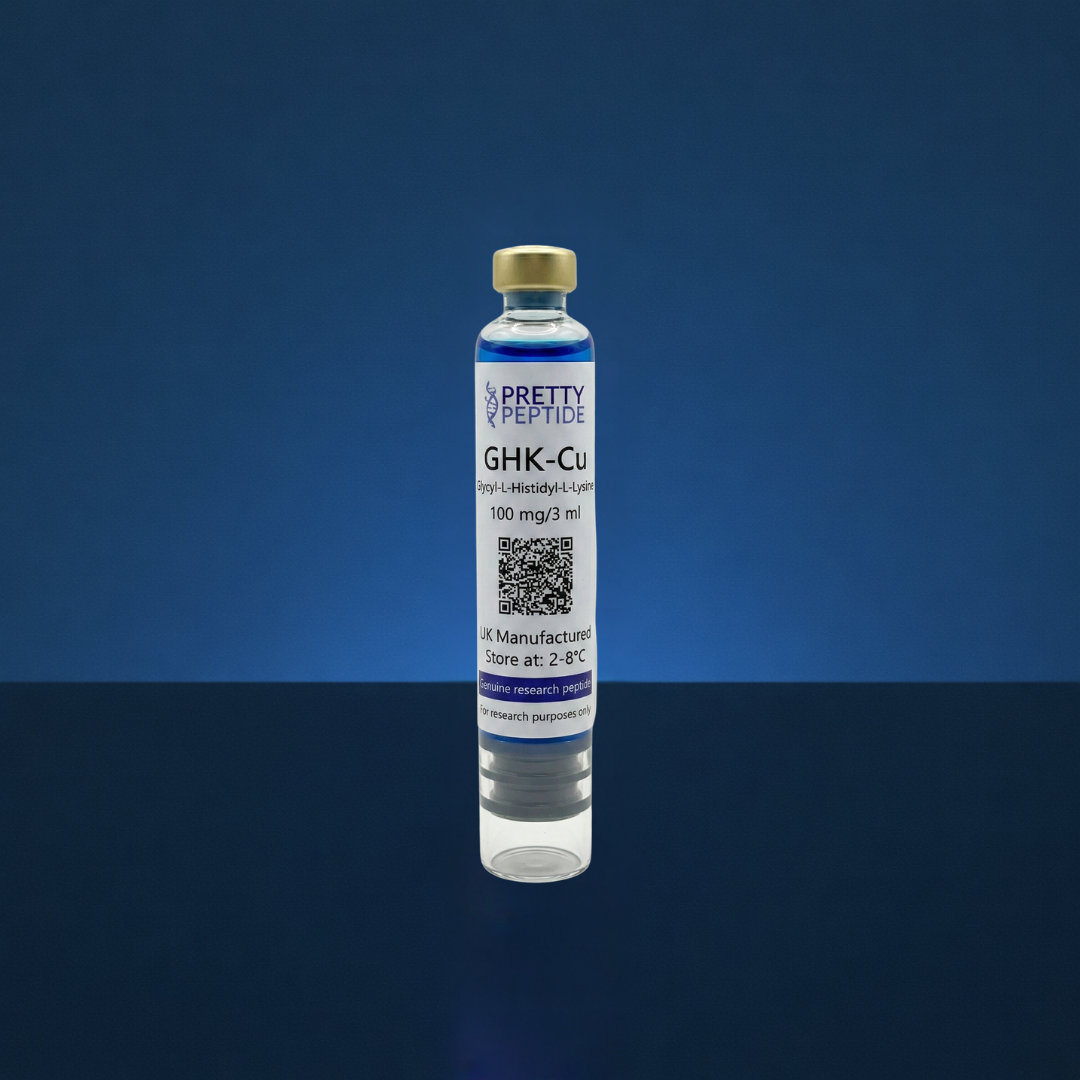A clear laboratory vial containing a bright blue solution, labelled as Pretty Peptide GHK-Cu (Glycyl-L-Histidyl-L-Lysine) at a 100mg per 3ml concentration, visually representing the UK-manufactured copper peptide product intended strictly for research purposes. 